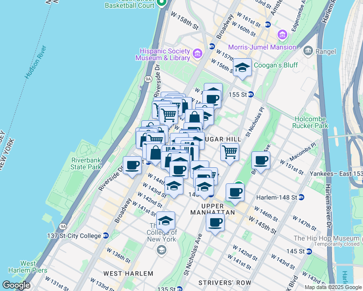 map of restaurants, bars, coffee shops, grocery stores, and more near 522 West 148th Street in New York