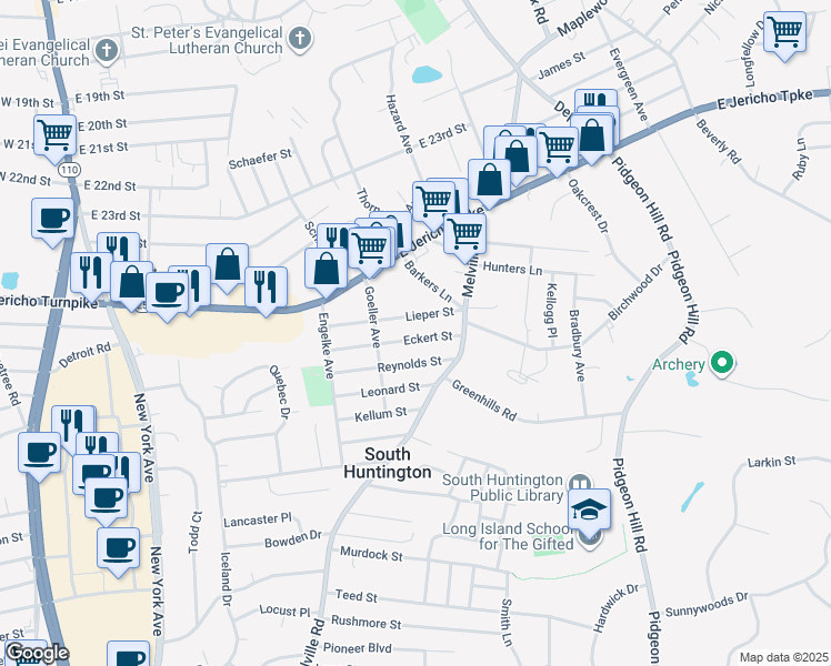 map of restaurants, bars, coffee shops, grocery stores, and more near 19 Eckert Street in Huntington Station