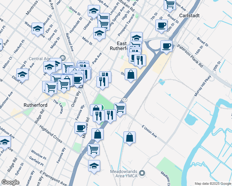 map of restaurants, bars, coffee shops, grocery stores, and more near 100 Orchard Street in East Rutherford