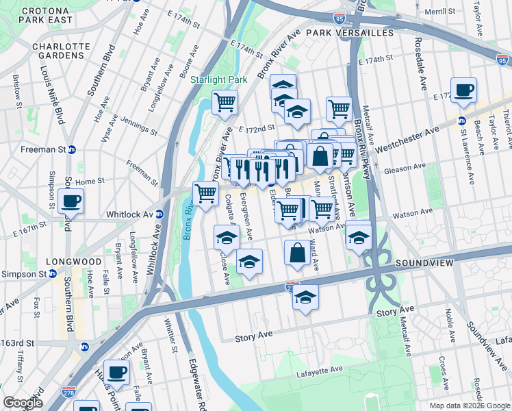 map of restaurants, bars, coffee shops, grocery stores, and more near 1136 Wheeler Avenue in The Bronx