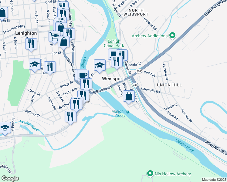 map of restaurants, bars, coffee shops, grocery stores, and more near 398 Franklin Street in Weissport