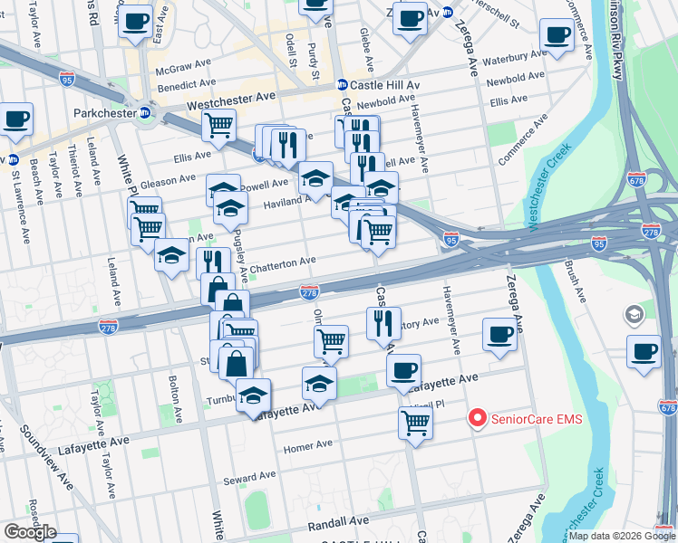 map of restaurants, bars, coffee shops, grocery stores, and more near 2111 Bruckner Boulevard in The Bronx