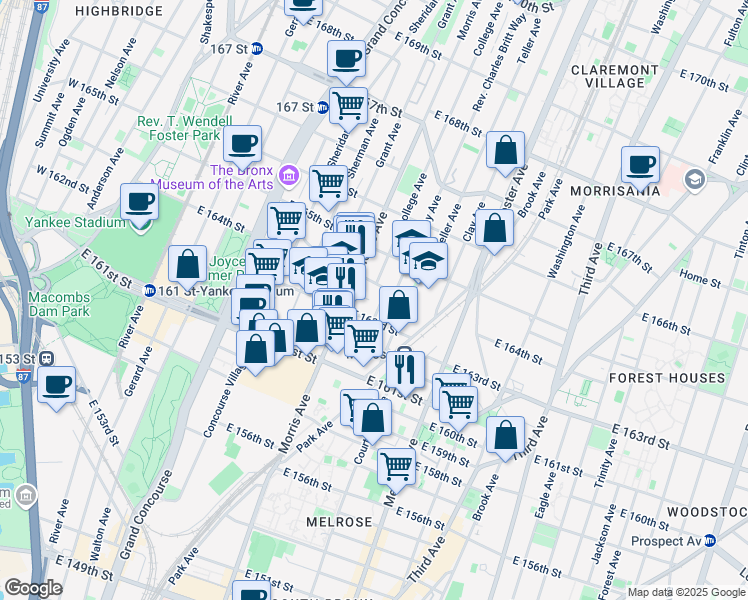 map of restaurants, bars, coffee shops, grocery stores, and more near 963 Teller Avenue in The Bronx