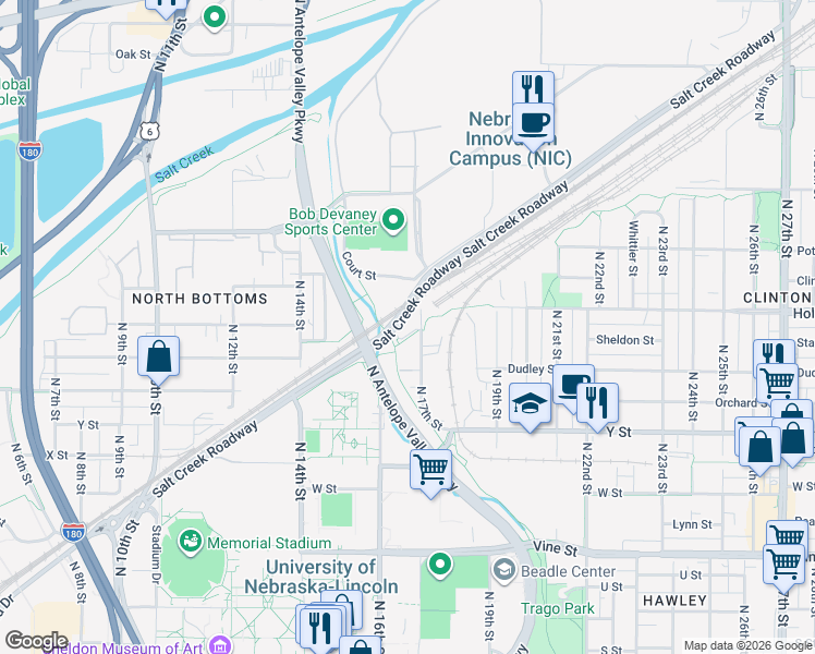 map of restaurants, bars, coffee shops, grocery stores, and more near 1335 North 17th Street in Lincoln