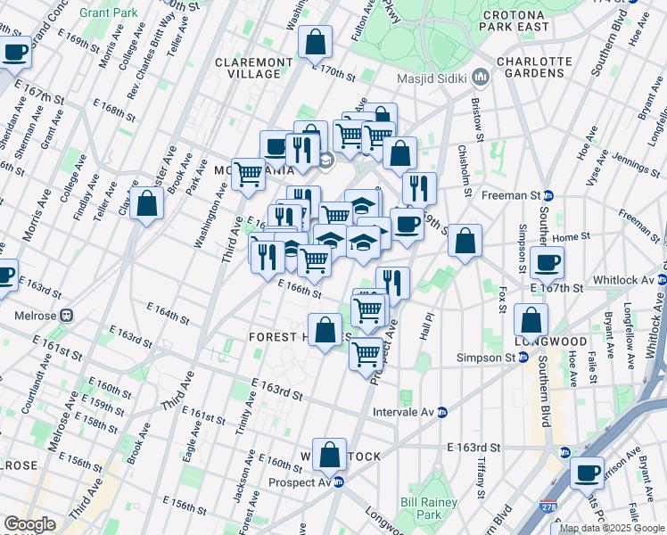 map of restaurants, bars, coffee shops, grocery stores, and more near 1106 Forest Avenue in Bronx