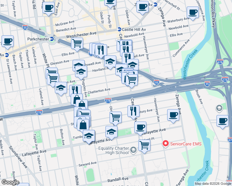 map of restaurants, bars, coffee shops, grocery stores, and more near 2111 Bruckner Boulevard in The Bronx
