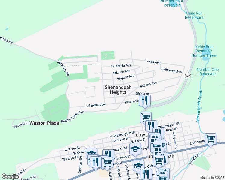 map of restaurants, bars, coffee shops, grocery stores, and more near 209 Indiana Avenue in Shenandoah