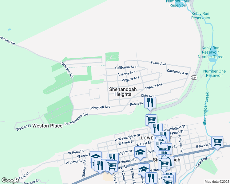 map of restaurants, bars, coffee shops, grocery stores, and more near 209 Indiana Avenue in Shenandoah