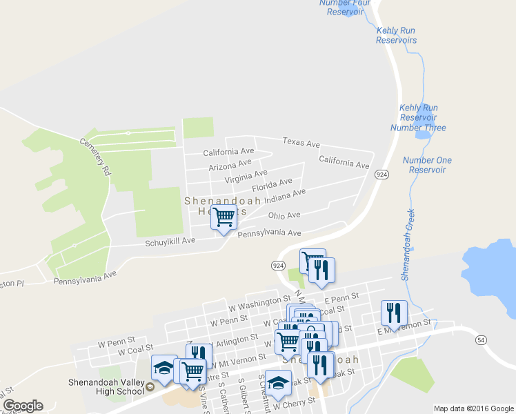 map of restaurants, bars, coffee shops, grocery stores, and more near 312 Indiana Avenue in Shenandoah