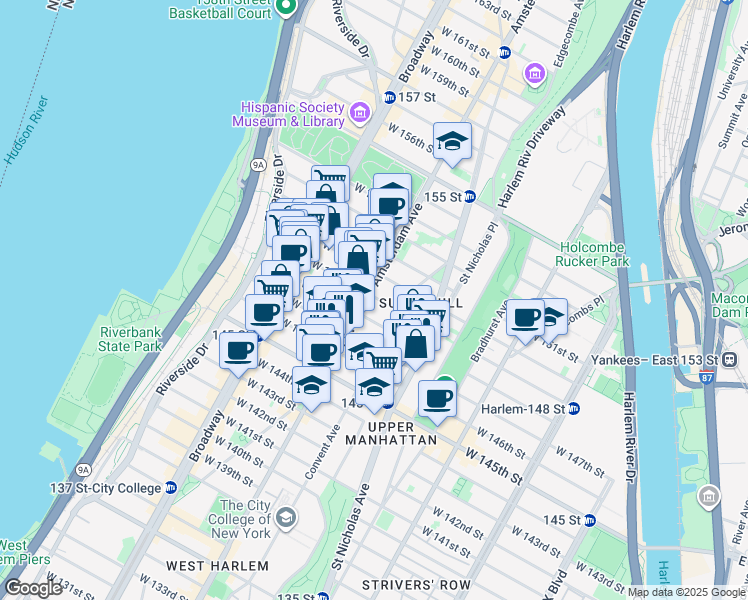 map of restaurants, bars, coffee shops, grocery stores, and more near 466 West 149th Street in New York