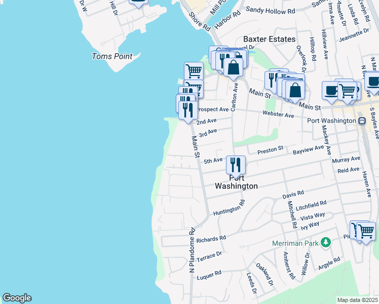 map of restaurants, bars, coffee shops, grocery stores, and more near 11 Dolphin Green in Port Washington