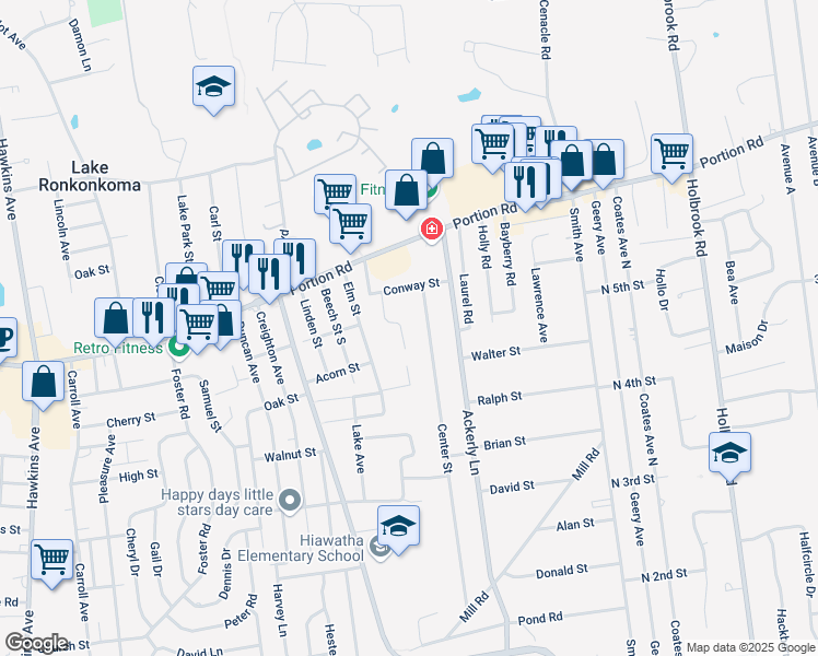 map of restaurants, bars, coffee shops, grocery stores, and more near 29 Elm Street in Lake Ronkonkoma
