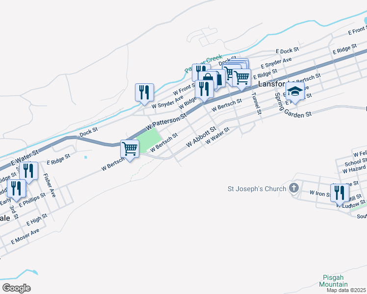map of restaurants, bars, coffee shops, grocery stores, and more near 333 West Abbott Street in Lansford
