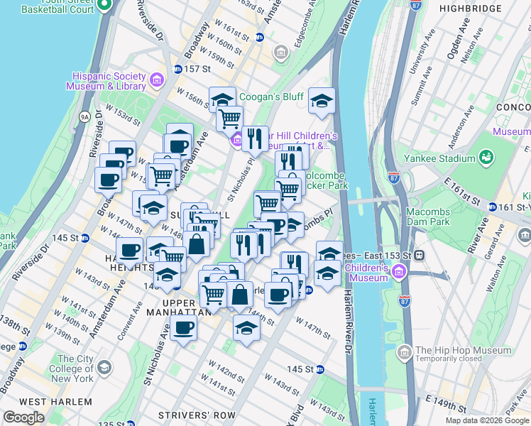 map of restaurants, bars, coffee shops, grocery stores, and more near 214 Bradhurst Avenue in New York