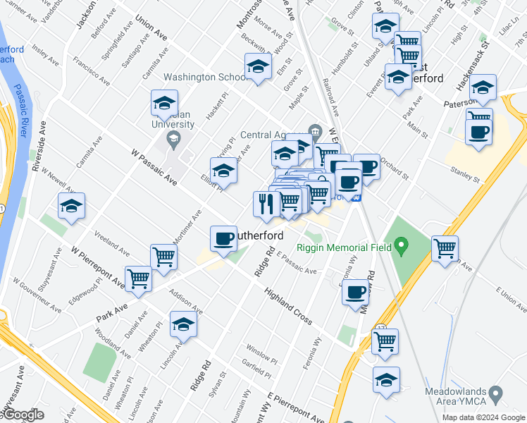 map of restaurants, bars, coffee shops, grocery stores, and more near 132 Chestnut Street in Rutherford