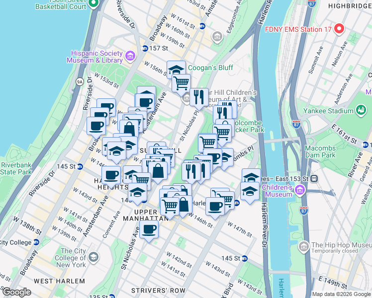 map of restaurants, bars, coffee shops, grocery stores, and more near 363 Edgecombe Avenue in New York
