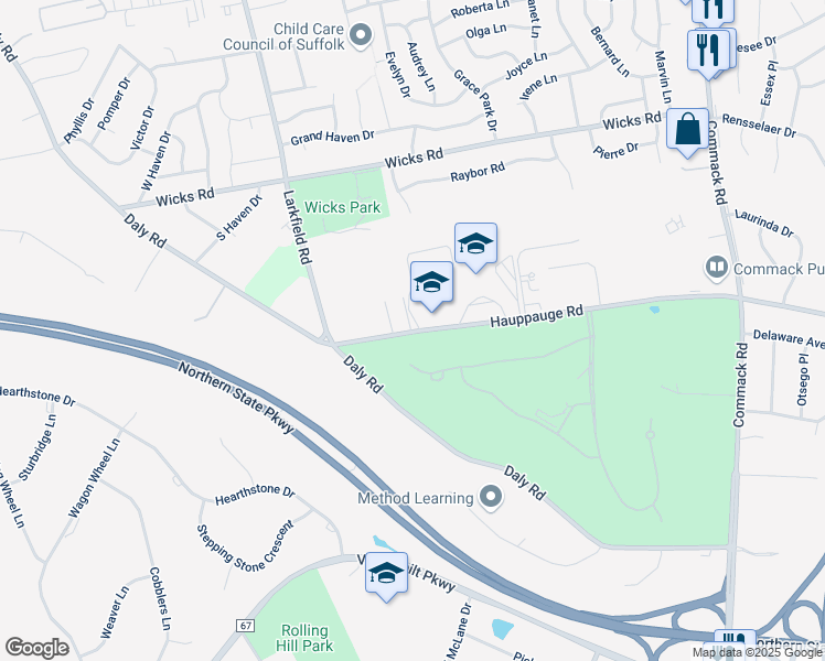 map of restaurants, bars, coffee shops, grocery stores, and more near 132 Hiland Court in Commack