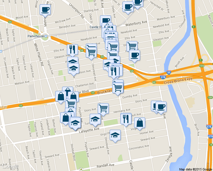 map of restaurants, bars, coffee shops, grocery stores, and more near 2152 Bruckner Boulevard in Bronx