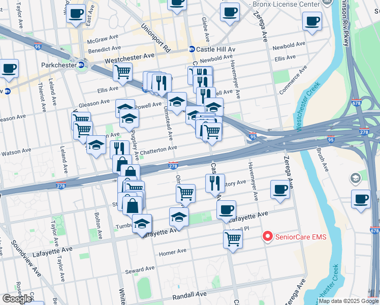 map of restaurants, bars, coffee shops, grocery stores, and more near 2111 Bruckner Boulevard in The Bronx