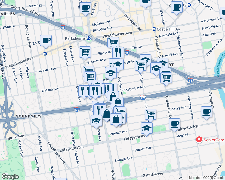 map of restaurants, bars, coffee shops, grocery stores, and more near 1979 Bruckner Boulevard in The Bronx