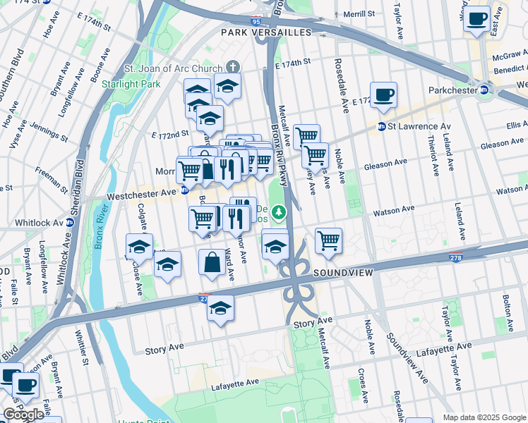 map of restaurants, bars, coffee shops, grocery stores, and more near 1111 Stratford Avenue in Bronx
