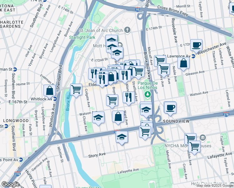 map of restaurants, bars, coffee shops, grocery stores, and more near 1115 Boynton Avenue in Bronx