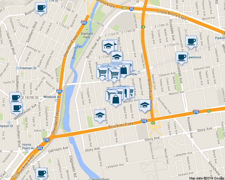 map of restaurants, bars, coffee shops, grocery stores, and more near 1115 Boynton Avenue in Bronx