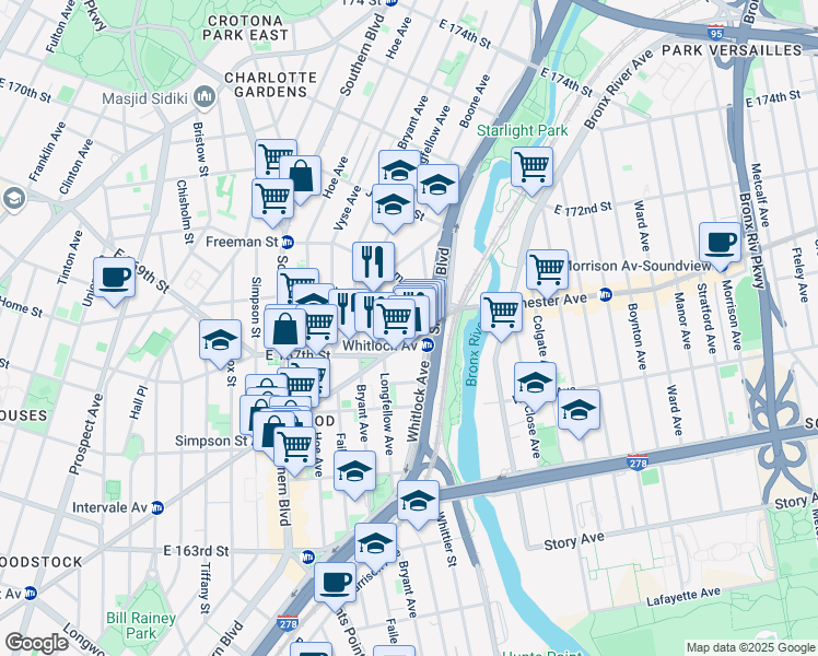 map of restaurants, bars, coffee shops, grocery stores, and more near 1274 Westchester Avenue in The Bronx