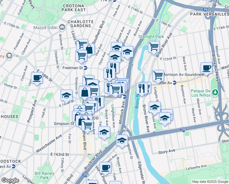 map of restaurants, bars, coffee shops, grocery stores, and more near 1274 Westchester Avenue in The Bronx