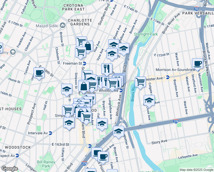 map of restaurants, bars, coffee shops, grocery stores, and more near in The Bronx