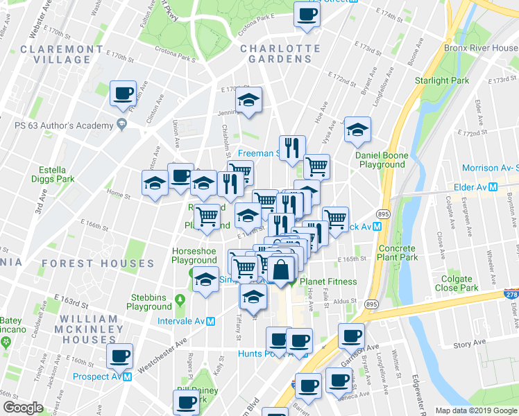 map of restaurants, bars, coffee shops, grocery stores, and more near 1124 Simpson Street in The Bronx