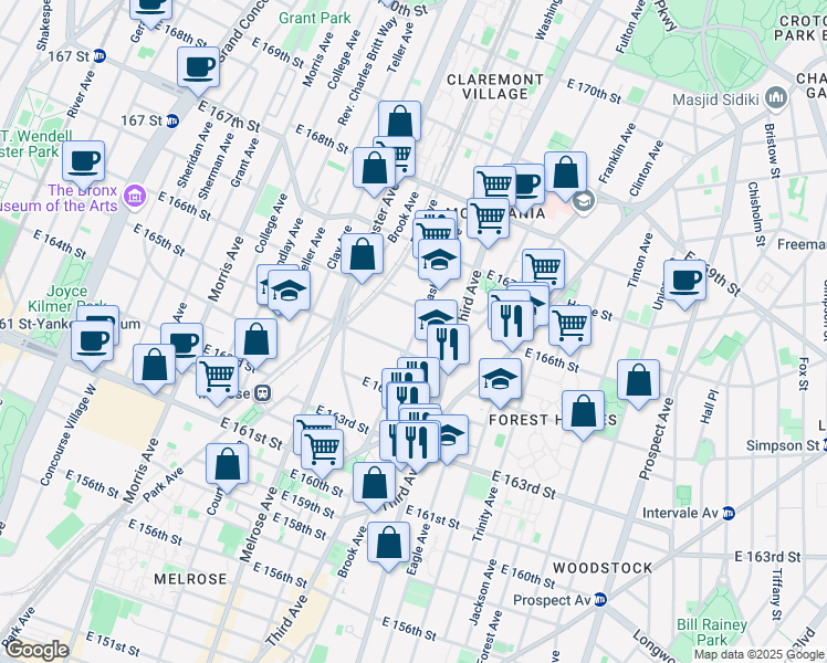 map of restaurants, bars, coffee shops, grocery stores, and more near 454 East 165th Street in Bronx