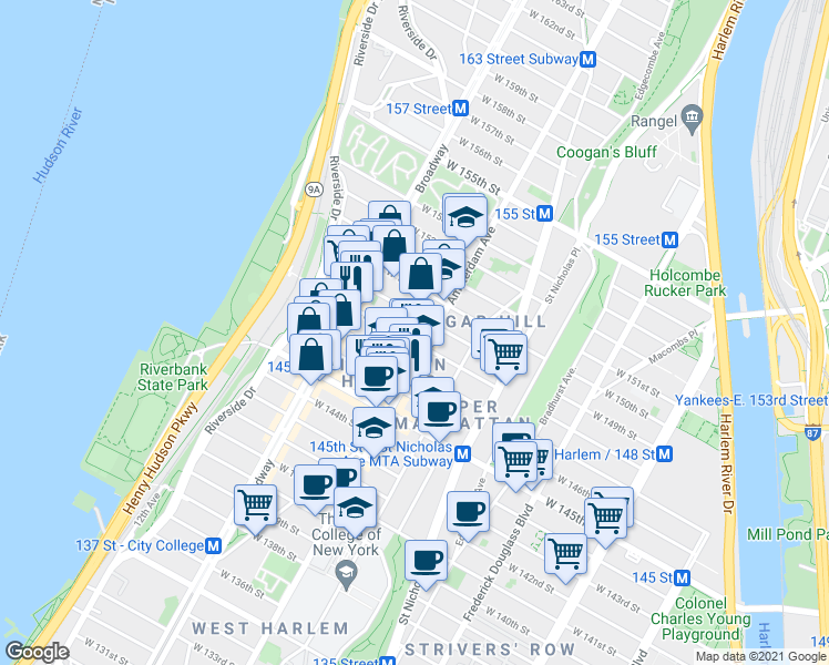 map of restaurants, bars, coffee shops, grocery stores, and more near 503 West 147th Street in New York