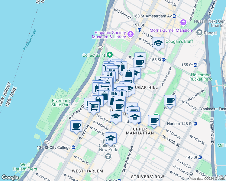 map of restaurants, bars, coffee shops, grocery stores, and more near 533 West 147th Street in New York