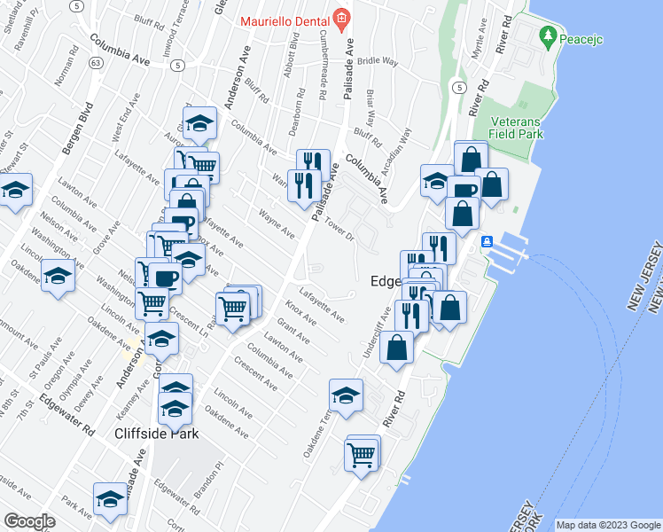 map of restaurants, bars, coffee shops, grocery stores, and more near 100 Winston Drive in Cliffside Park
