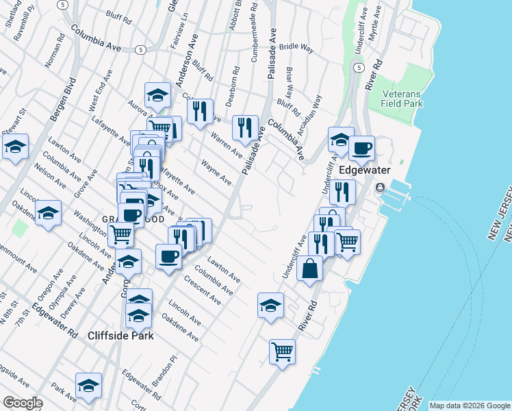map of restaurants, bars, coffee shops, grocery stores, and more near 113 Winston Drive in Cliffside Park