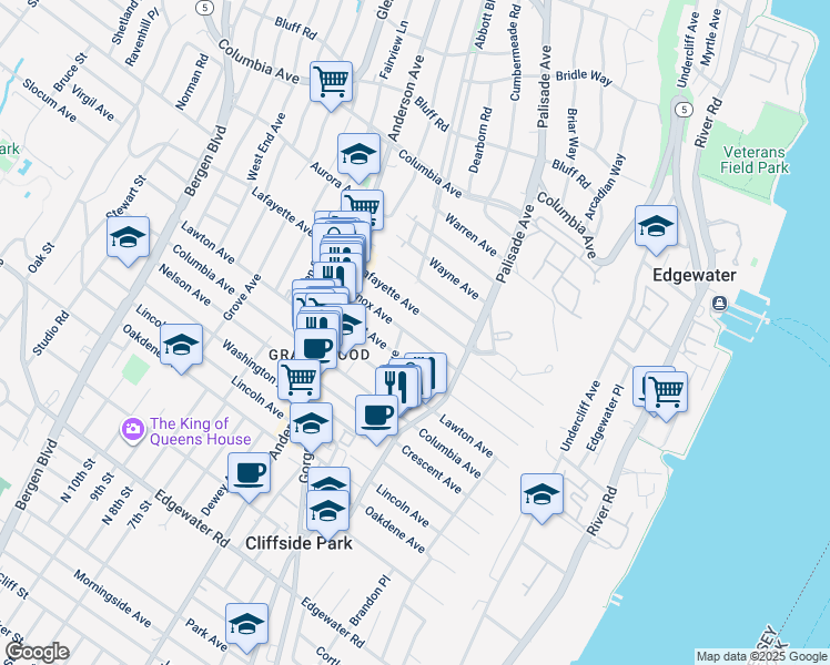 map of restaurants, bars, coffee shops, grocery stores, and more near 230 Knox Avenue in Cliffside Park