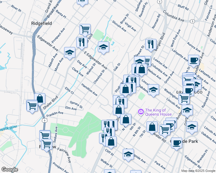 map of restaurants, bars, coffee shops, grocery stores, and more near 444 Oak Street in Ridgefield
