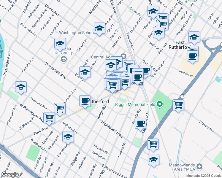 map of restaurants, bars, coffee shops, grocery stores, and more near in Rutherford