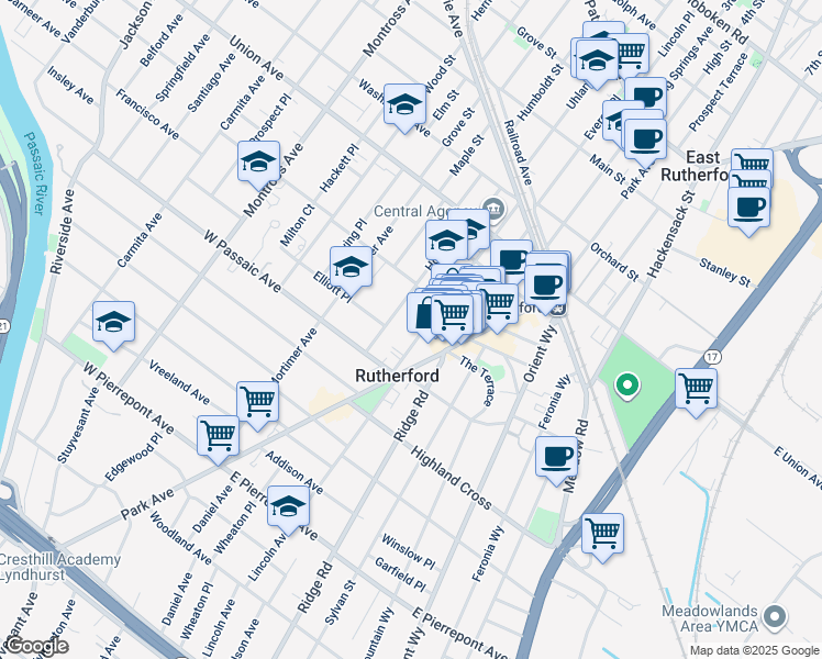 map of restaurants, bars, coffee shops, grocery stores, and more near 124 Park Avenue in Rutherford