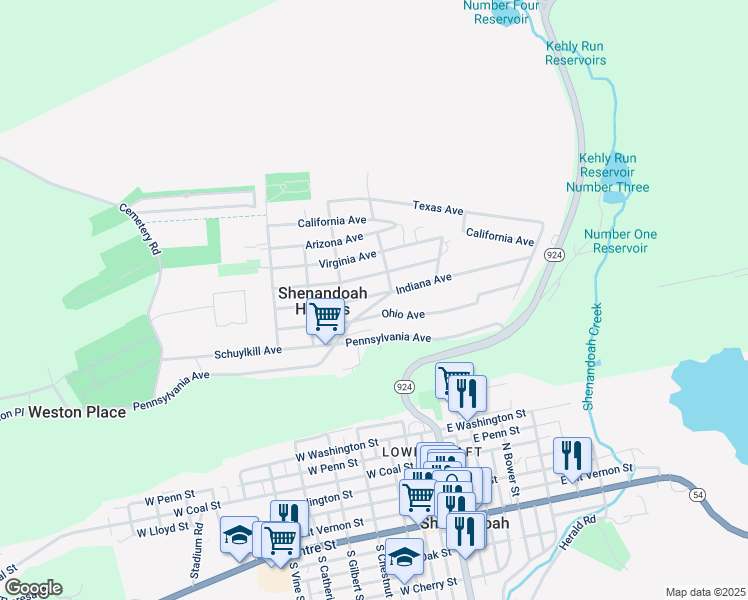 map of restaurants, bars, coffee shops, grocery stores, and more near 312 Indiana Avenue in Shenandoah
