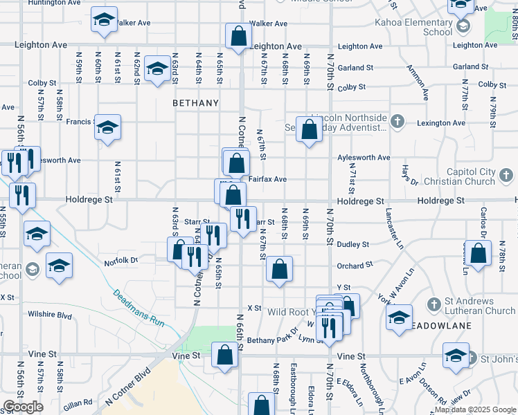map of restaurants, bars, coffee shops, grocery stores, and more near 1402 North Cotner Boulevard in Lincoln