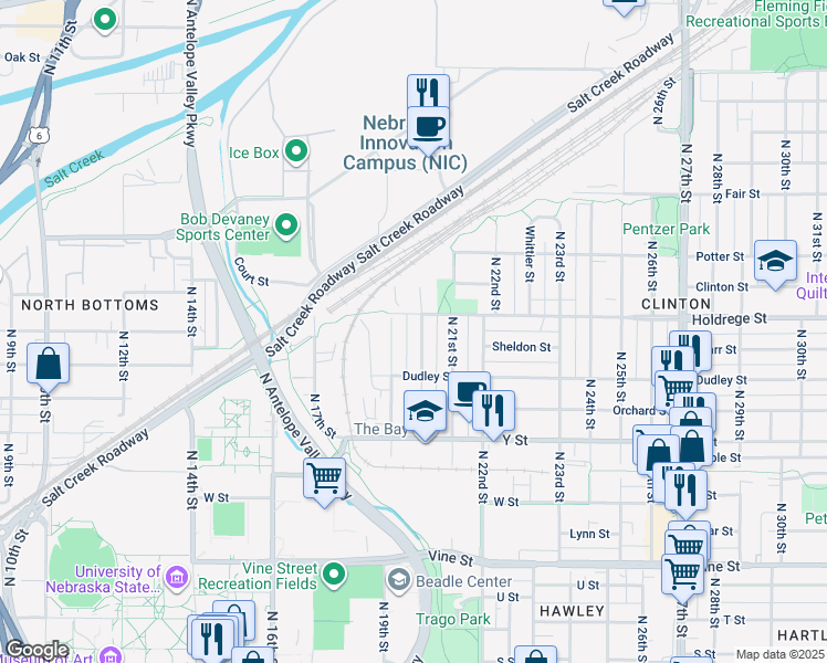 map of restaurants, bars, coffee shops, grocery stores, and more near 1335 North 20th Street in Lincoln