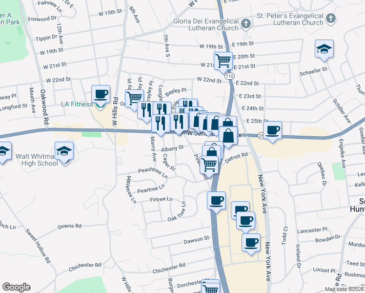 map of restaurants, bars, coffee shops, grocery stores, and more near 27 Albany Street in Huntington Station