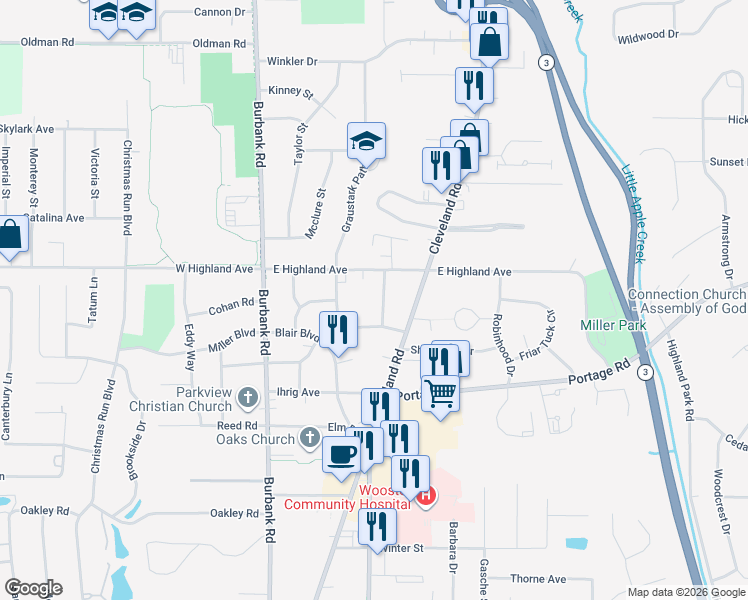map of restaurants, bars, coffee shops, grocery stores, and more near 444 East Beverly Road in Wooster