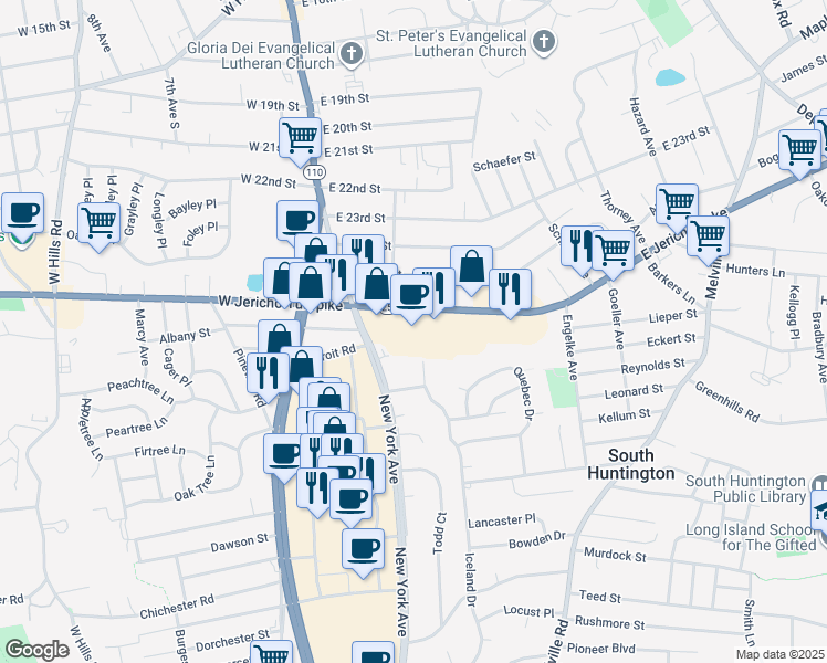 map of restaurants, bars, coffee shops, grocery stores, and more near 124 East Jericho Turnpike in Huntington Station