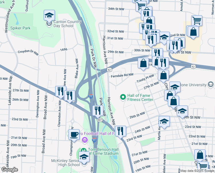 map of restaurants, bars, coffee shops, grocery stores, and more near 2703 Harrison Avenue Northwest in Canton