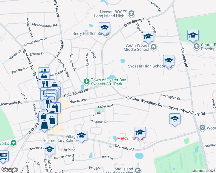 map of restaurants, bars, coffee shops, grocery stores, and more near 136 Syosset-Woodbury Road in Syosset
