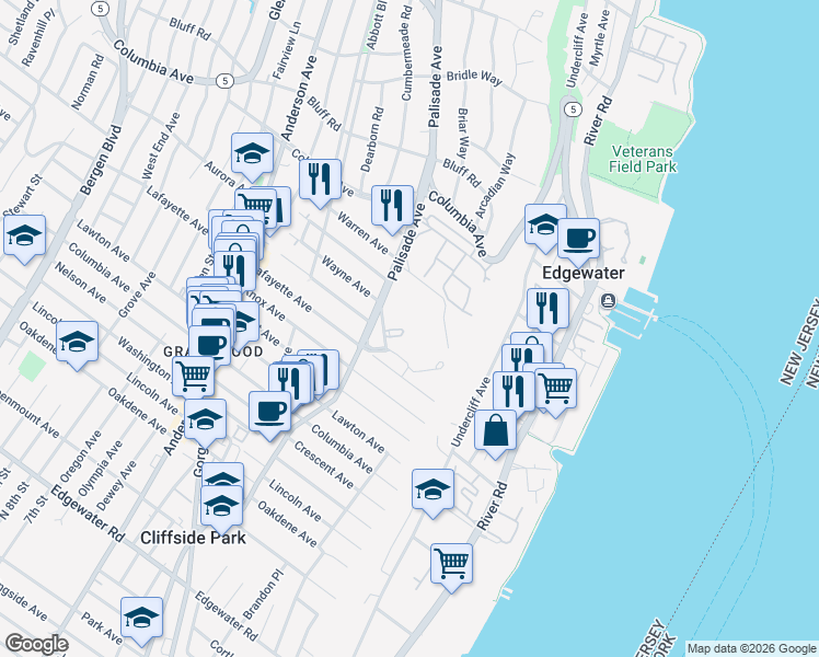 map of restaurants, bars, coffee shops, grocery stores, and more near 113 Winston Drive in Cliffside Park