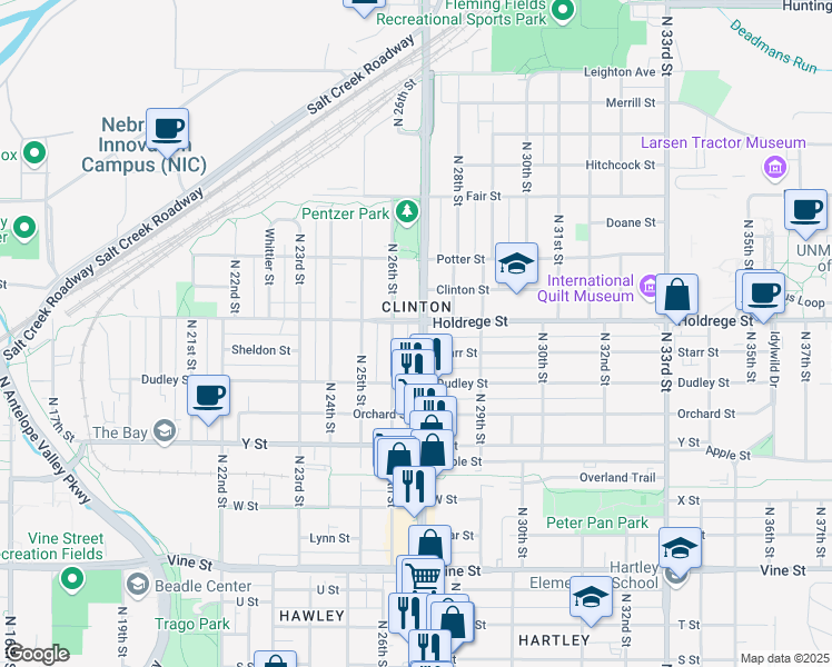 map of restaurants, bars, coffee shops, grocery stores, and more near 1345 North 27th Street in Lincoln